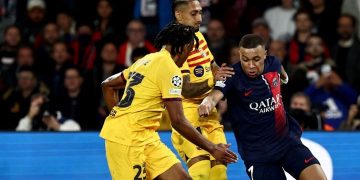 Kylian Mbappé contre le FC Barcelone le mercredi 10 avril 2024 en quart de finale de la Ligue des Champions