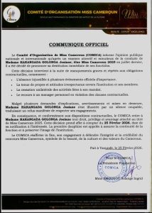 Josiane Harangada Golonga Miss Cameroun 2025 a été destituée de son titre par le comité d'Organisation de Miss Cameroun